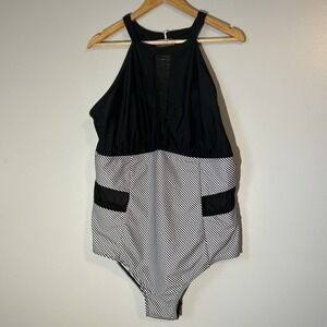 Black High Neck One Piece Sheer Mesh Side Panel Swimsuit Sz 22W Plus Size Stripe